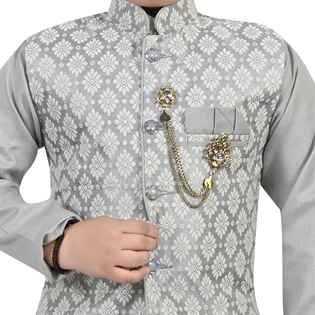 Boys Regular Jacquard Embroidery Waistcoat with Kurta Pajama Set - Grey | SHOBITAM