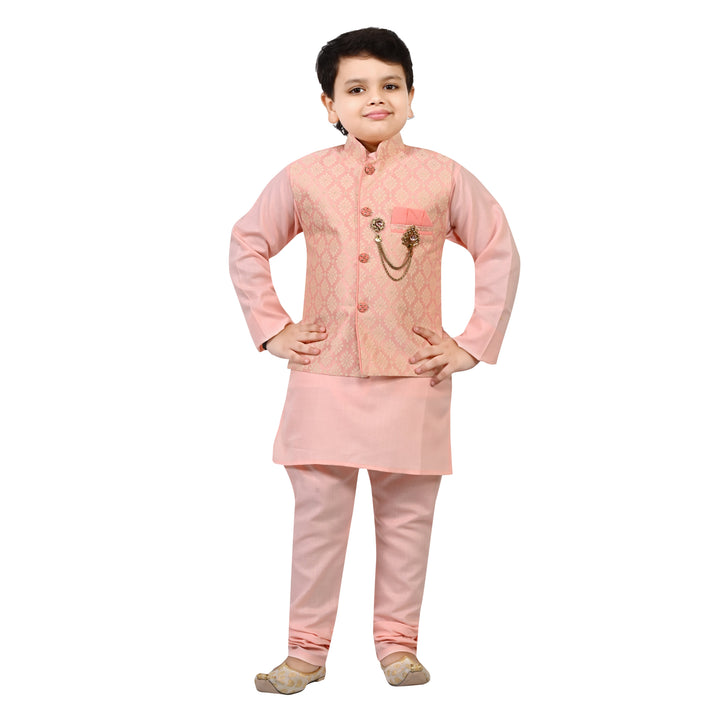 Boys Regular Jacquard Embroidery Waistcoat with Kurta Pajama Set - Rose Pink | SHOBITAM