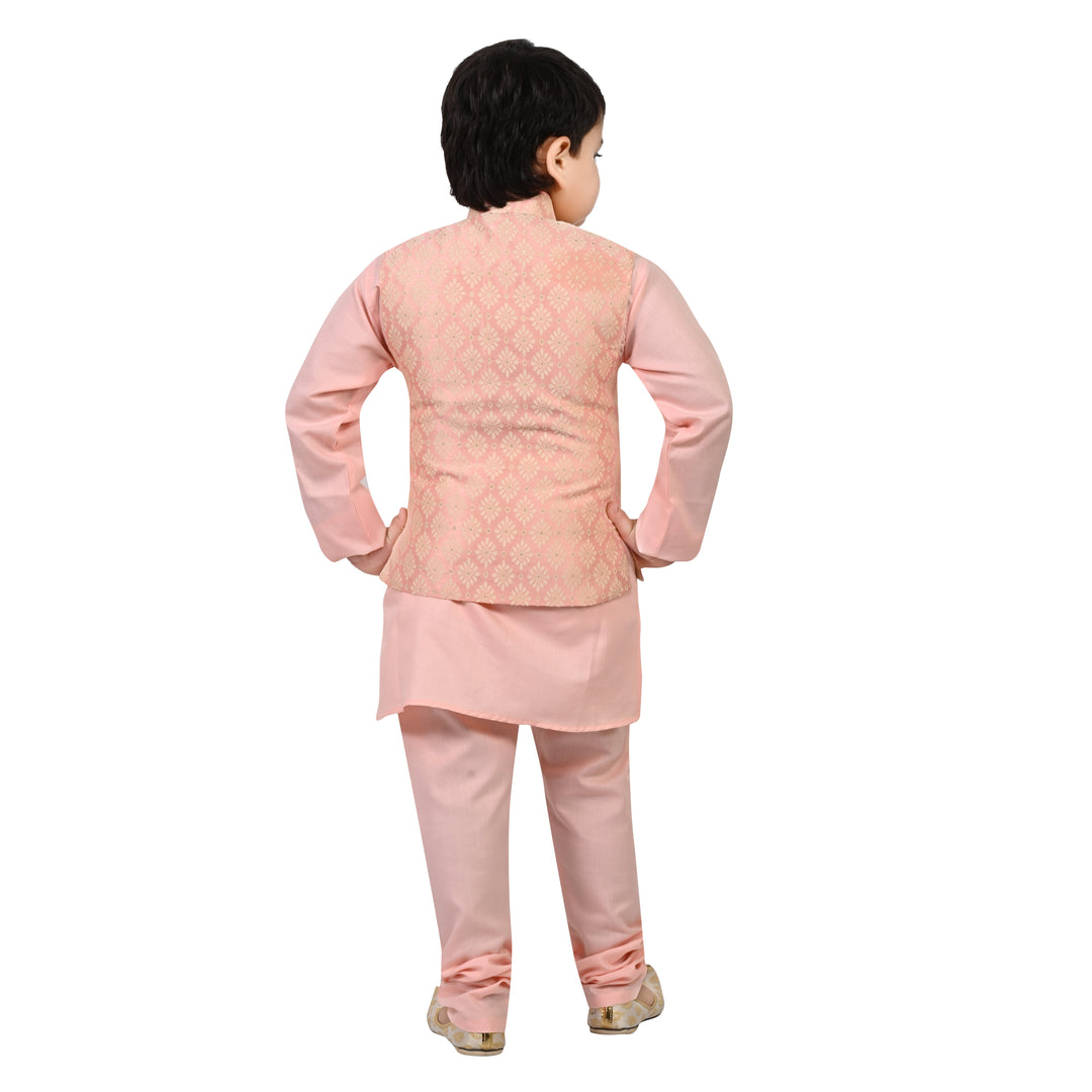Boys Regular Jacquard Embroidery Waistcoat with Kurta Pajama Set - Rose Pink | SHOBITAM