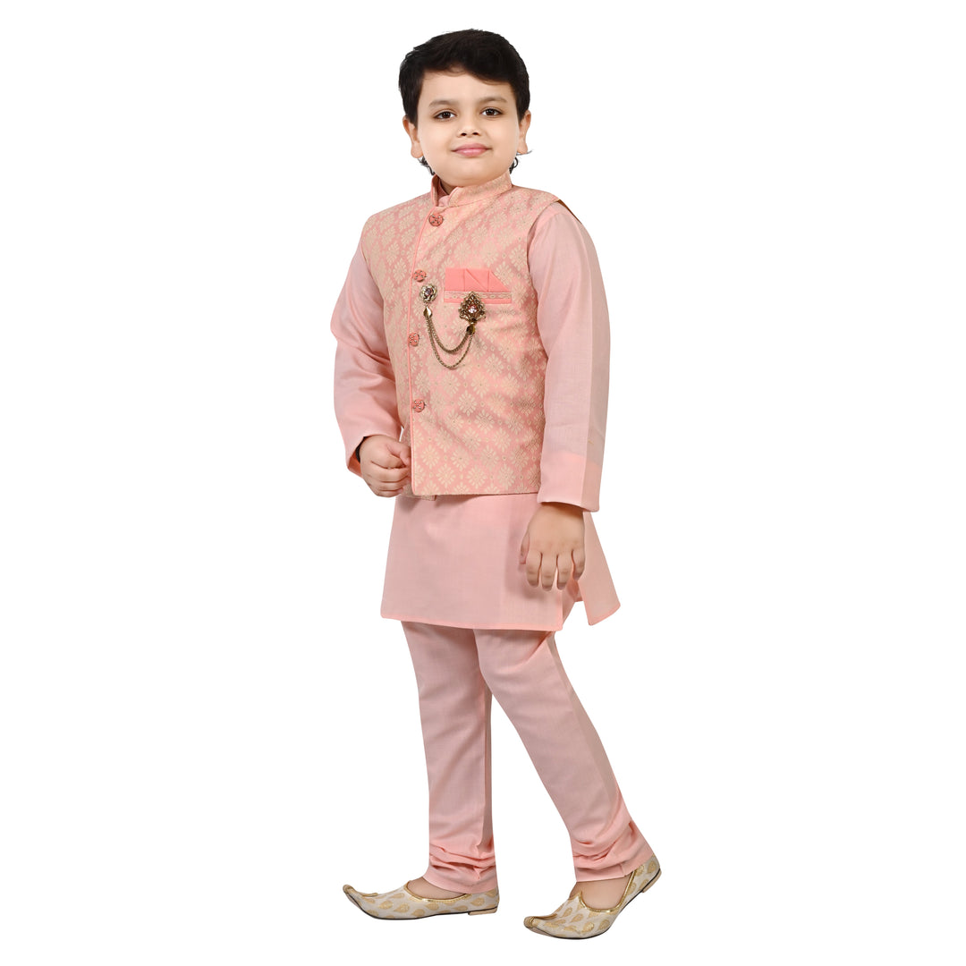 Boys Regular Jacquard Embroidery Waistcoat with Kurta Pajama Set - Rose Pink | SHOBITAM