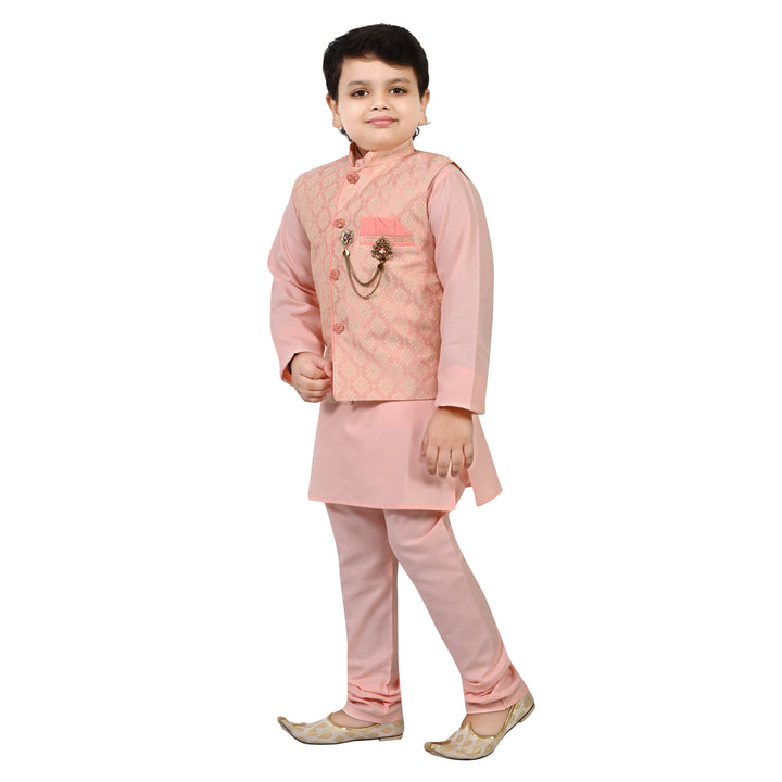 Boys Regular Jacquard Embroidery Waistcoat with Kurta Pajama Set - Rose Pink | SHOBITAM