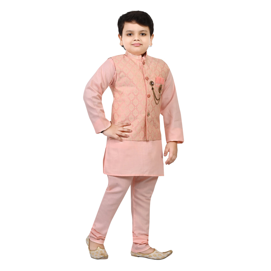 Boys Regular Jacquard Embroidery Waistcoat with Kurta Pajama Set - Rose Pink | SHOBITAM