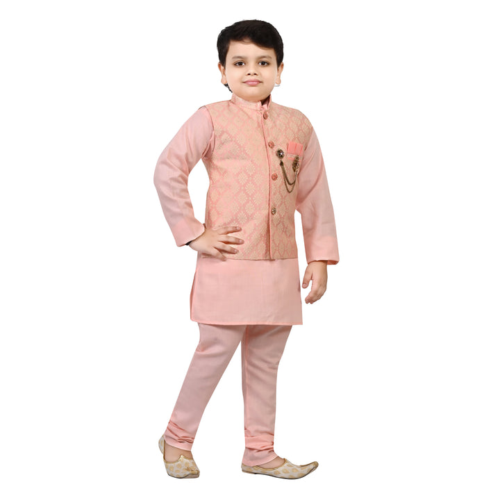 Boys Regular Jacquard Embroidery Waistcoat with Kurta Pajama Set - Rose Pink | SHOBITAM