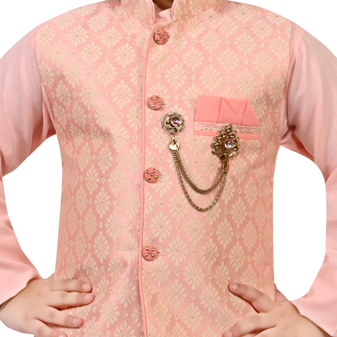 Boys Regular Jacquard Embroidery Waistcoat with Kurta Pajama Set - Rose Pink | SHOBITAM