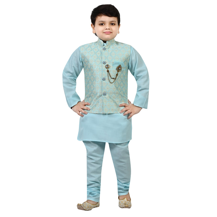 Boys Regular Jacquard Embroidery Waistcoat with Kurta Pajama Set - Sky Blue | SHOBITAM