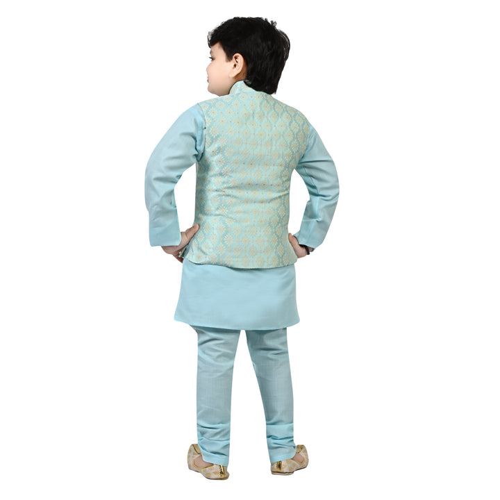 Boys Regular Jacquard Embroidery Waistcoat with Kurta Pajama Set - Sky Blue | SHOBITAM