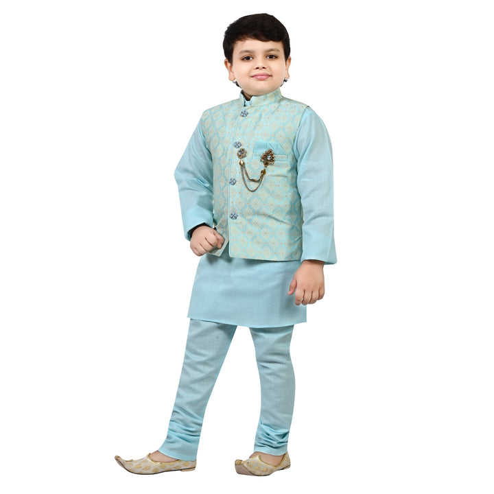 Boys Regular Jacquard Embroidery Waistcoat with Kurta Pajama Set - Sky Blue | SHOBITAM