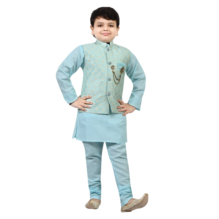 Boys Regular Jacquard Embroidery Waistcoat with Kurta Pajama Set - Sky Blue | SHOBITAM