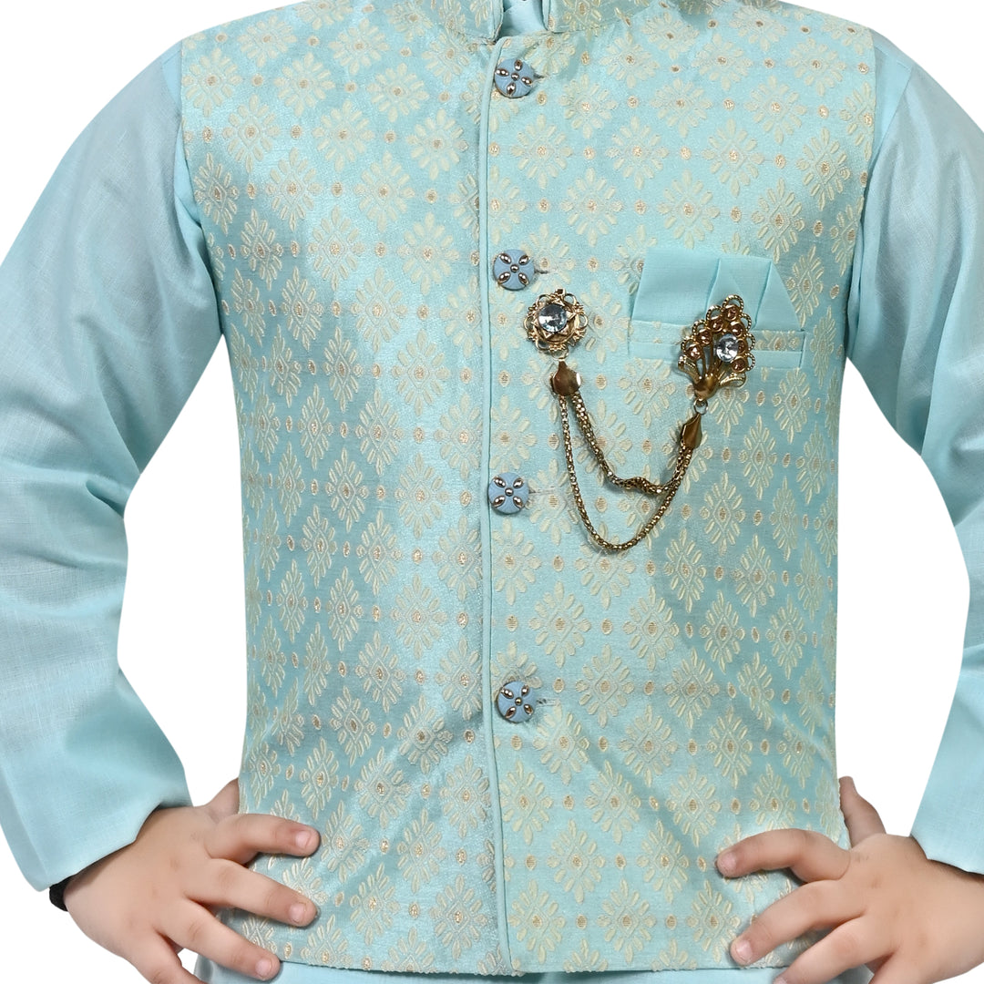 Boys Regular Jacquard Embroidery Waistcoat with Kurta Pajama Set - Sky Blue | SHOBITAM