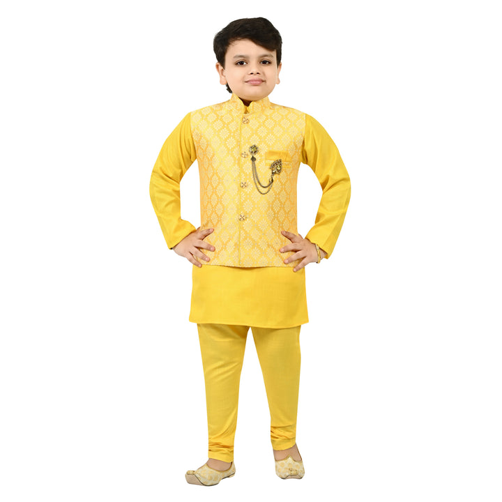 Boys Regular Jacquard Embroidery Waistcoat with Kurta Pajama Set - Yellow | SHOBITAM