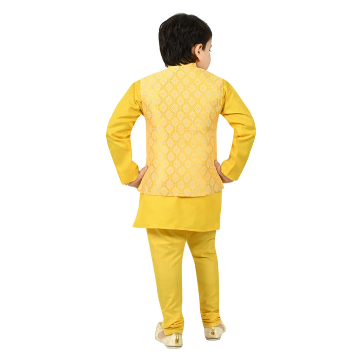 Boys Regular Jacquard Embroidery Waistcoat with Kurta Pajama Set - Yellow | SHOBITAM