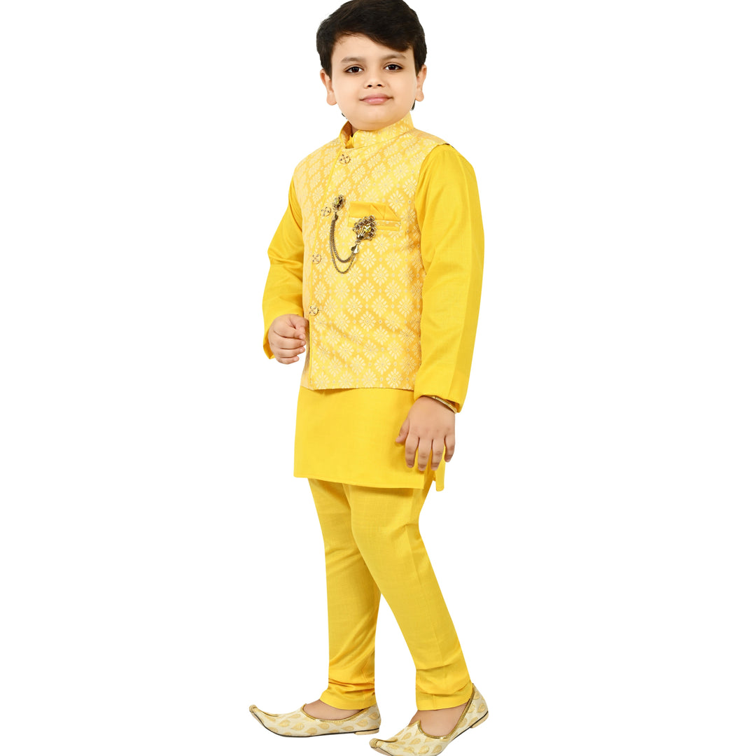Boys Regular Jacquard Embroidery Waistcoat with Kurta Pajama Set - Yellow | SHOBITAM