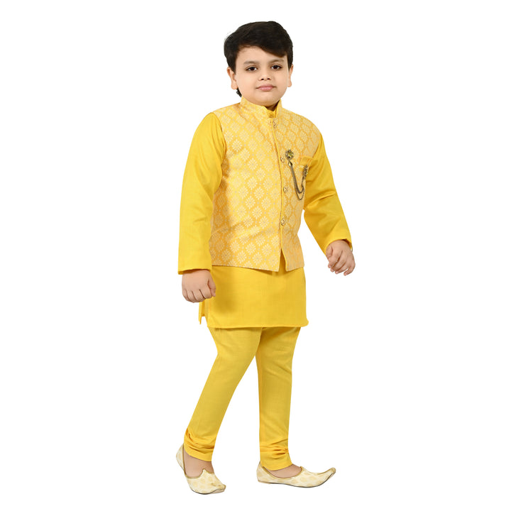 Boys Regular Jacquard Embroidery Waistcoat with Kurta Pajama Set - Yellow | SHOBITAM