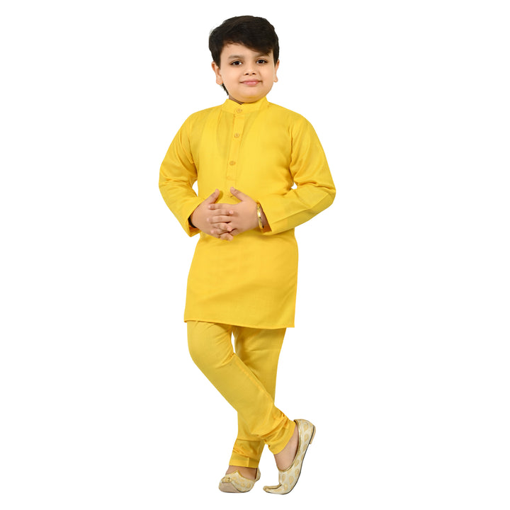 Boys Regular Jacquard Embroidery Waistcoat with Kurta Pajama Set - Yellow | SHOBITAM