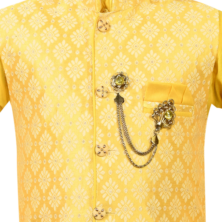 Boys Regular Jacquard Embroidery Waistcoat with Kurta Pajama Set - Yellow | SHOBITAM