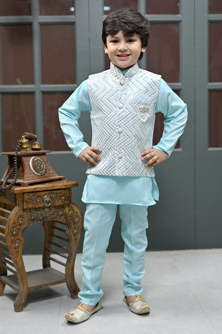 Boys Zigzag Embroidered Sequinned Waistcoat with Solid Kurta Pajama Set - Ice Blue | SHOBITAM