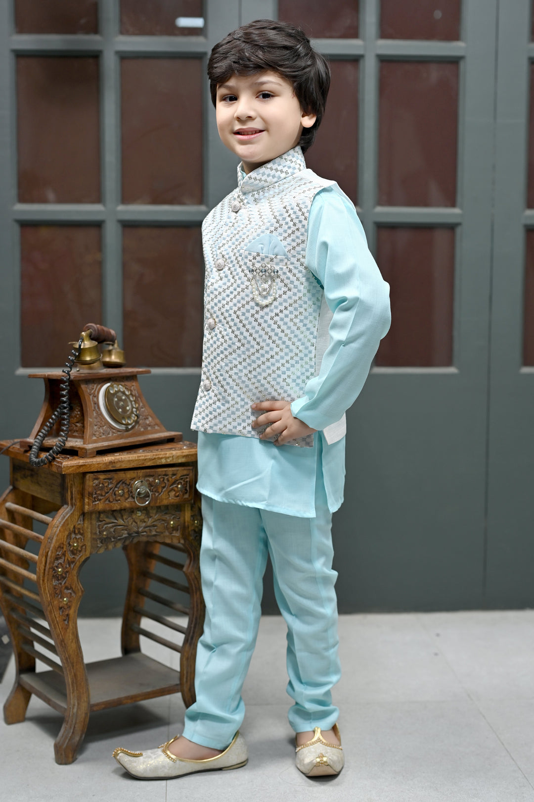 Boys Zigzag Embroidered Sequinned Waistcoat with Solid Kurta Pajama Set - Ice Blue | SHOBITAM