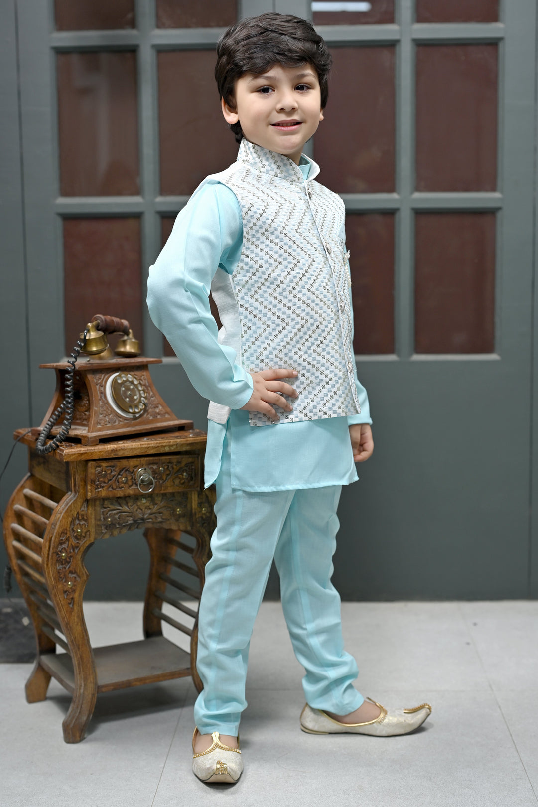 Boys Zigzag Embroidered Sequinned Waistcoat with Solid Kurta Pajama Set - Ice Blue | SHOBITAM