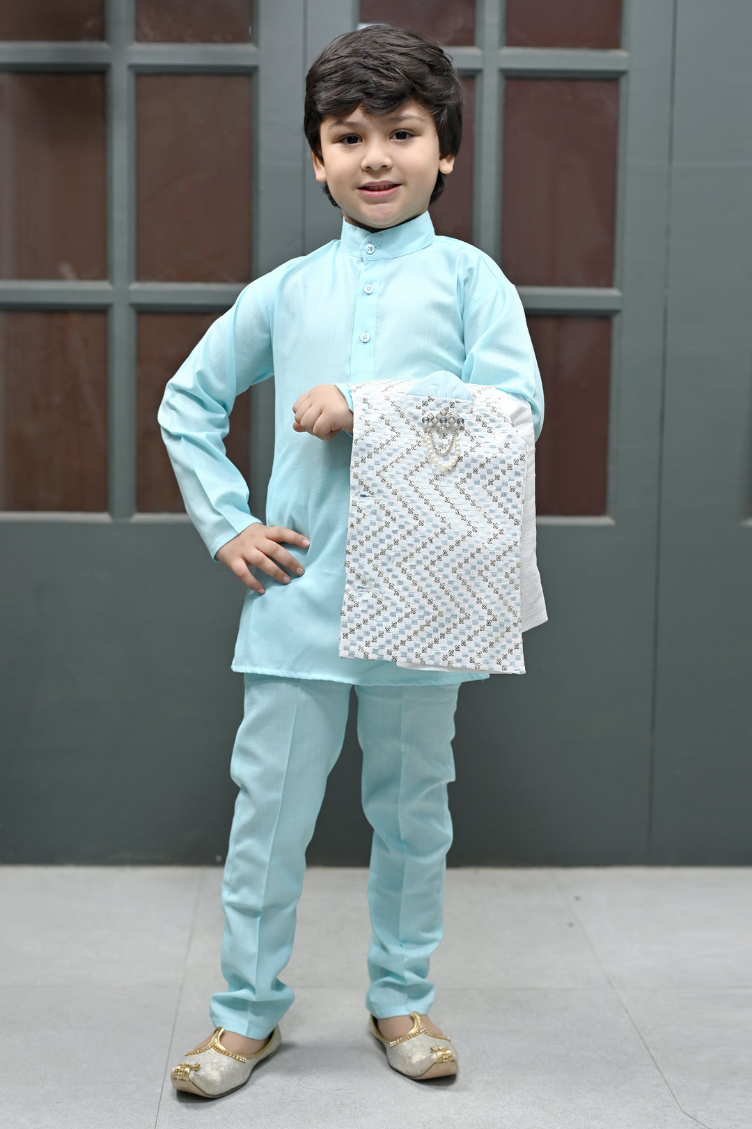 Boys Zigzag Embroidered Sequinned Waistcoat with Solid Kurta Pajama Set - Ice Blue | SHOBITAM