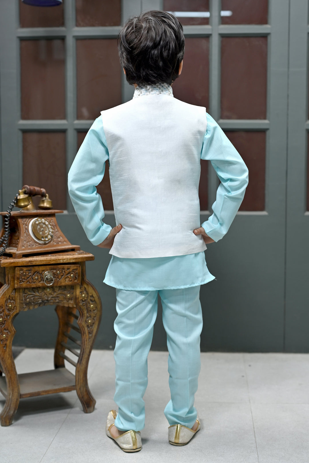 Boys Zigzag Embroidered Sequinned Waistcoat with Solid Kurta Pajama Set - Ice Blue | SHOBITAM