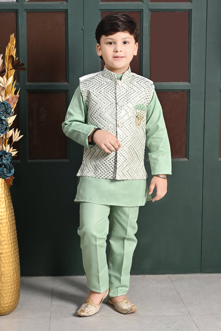 Boys Zigzag Embroidered Sequinned Waistcoat with Solid Kurta Pajama Set - Green | SHOBITAM