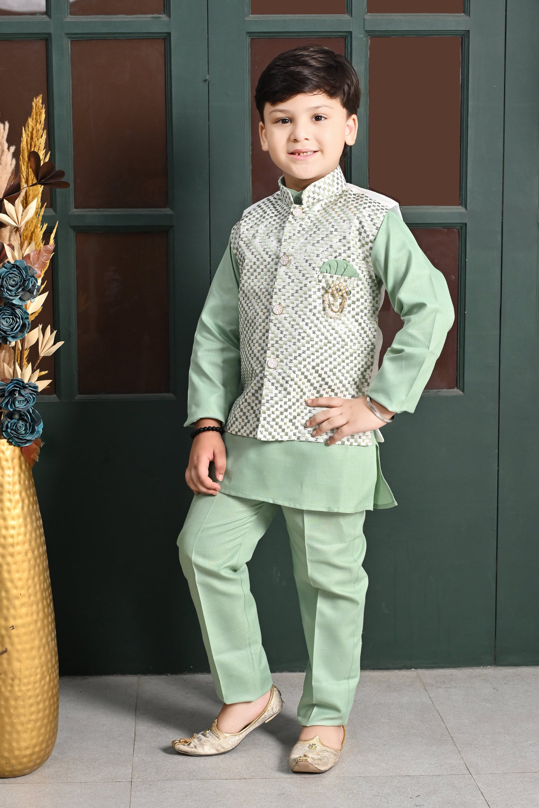 Boys Zigzag Embroidered Sequinned Waistcoat with Solid Kurta Pajama Set - Green | SHOBITAM