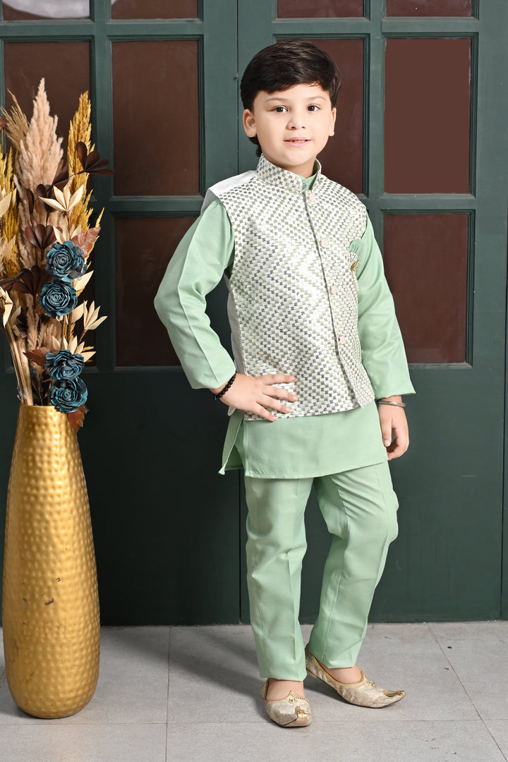 Boys Zigzag Embroidered Sequinned Waistcoat with Solid Kurta Pajama Set - Green | SHOBITAM