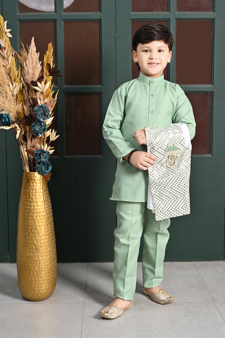 Boys Zigzag Embroidered Sequinned Waistcoat with Solid Kurta Pajama Set - Green | SHOBITAM
