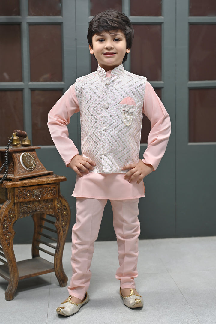 Boys Zigzag Embroidered Sequinned Waistcoat with Solid Kurta Pajama Set - Rose Pink | SHOBITAM