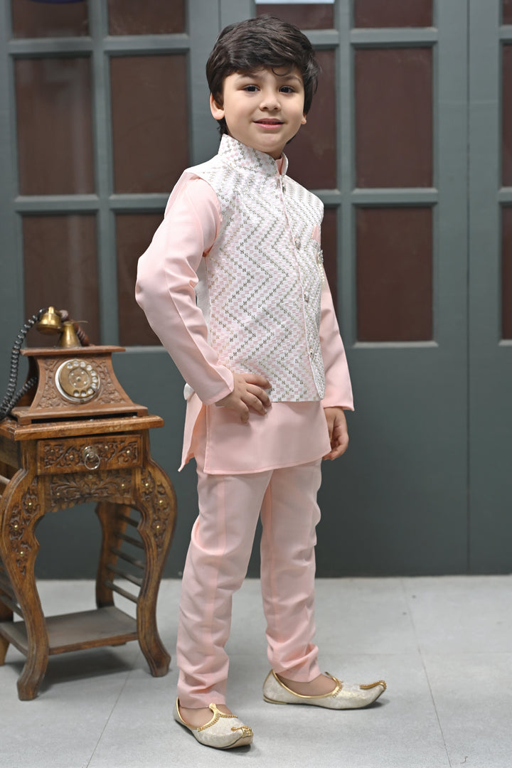 Boys Zigzag Embroidered Sequinned Waistcoat with Solid Kurta Pajama Set - Rose Pink | SHOBITAM