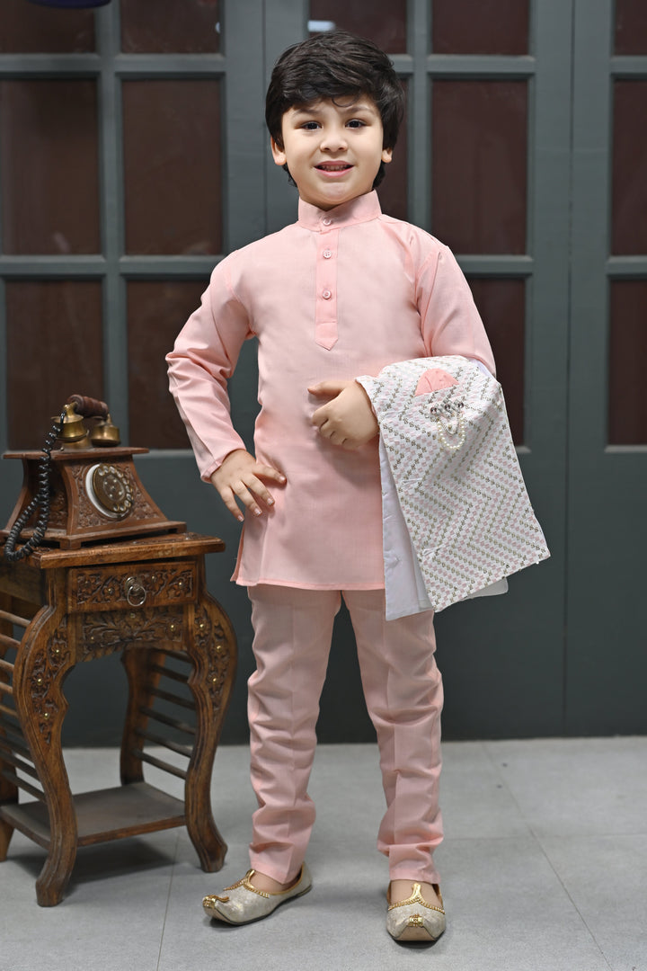 Boys Zigzag Embroidered Sequinned Waistcoat with Solid Kurta Pajama Set - Rose Pink | SHOBITAM