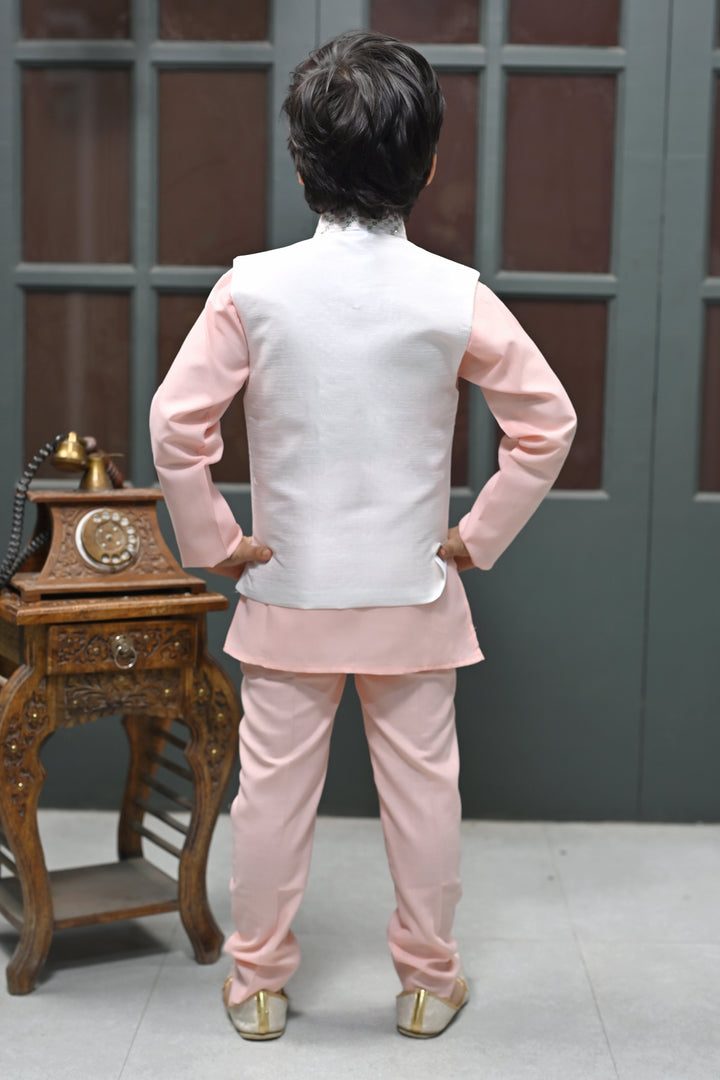 Boys Zigzag Embroidered Sequinned Waistcoat with Solid Kurta Pajama Set - Rose Pink | SHOBITAM