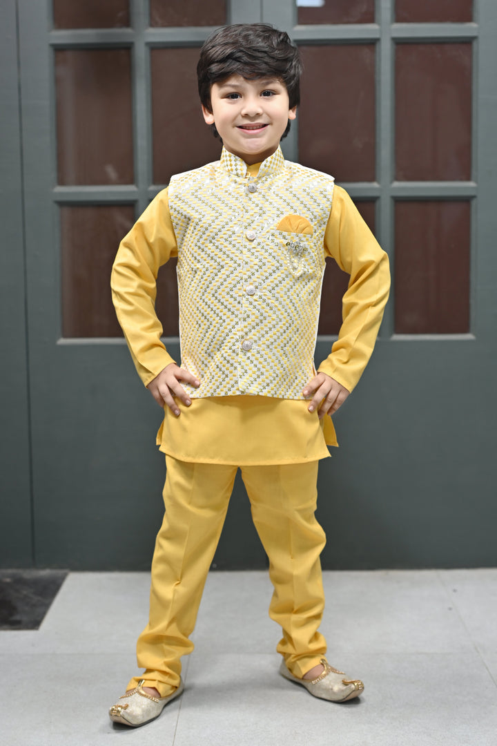 Boys Zigzag Embroidered Sequinned Waistcoat with Solid Kurta Pajama Set - Yellow | SHOBITAM