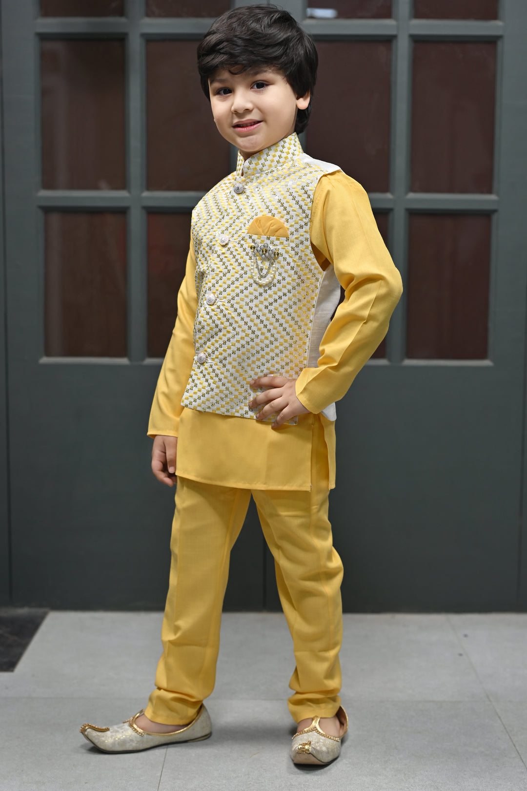 Boys Zigzag Embroidered Sequinned Waistcoat with Solid Kurta Pajama Set - Yellow | SHOBITAM