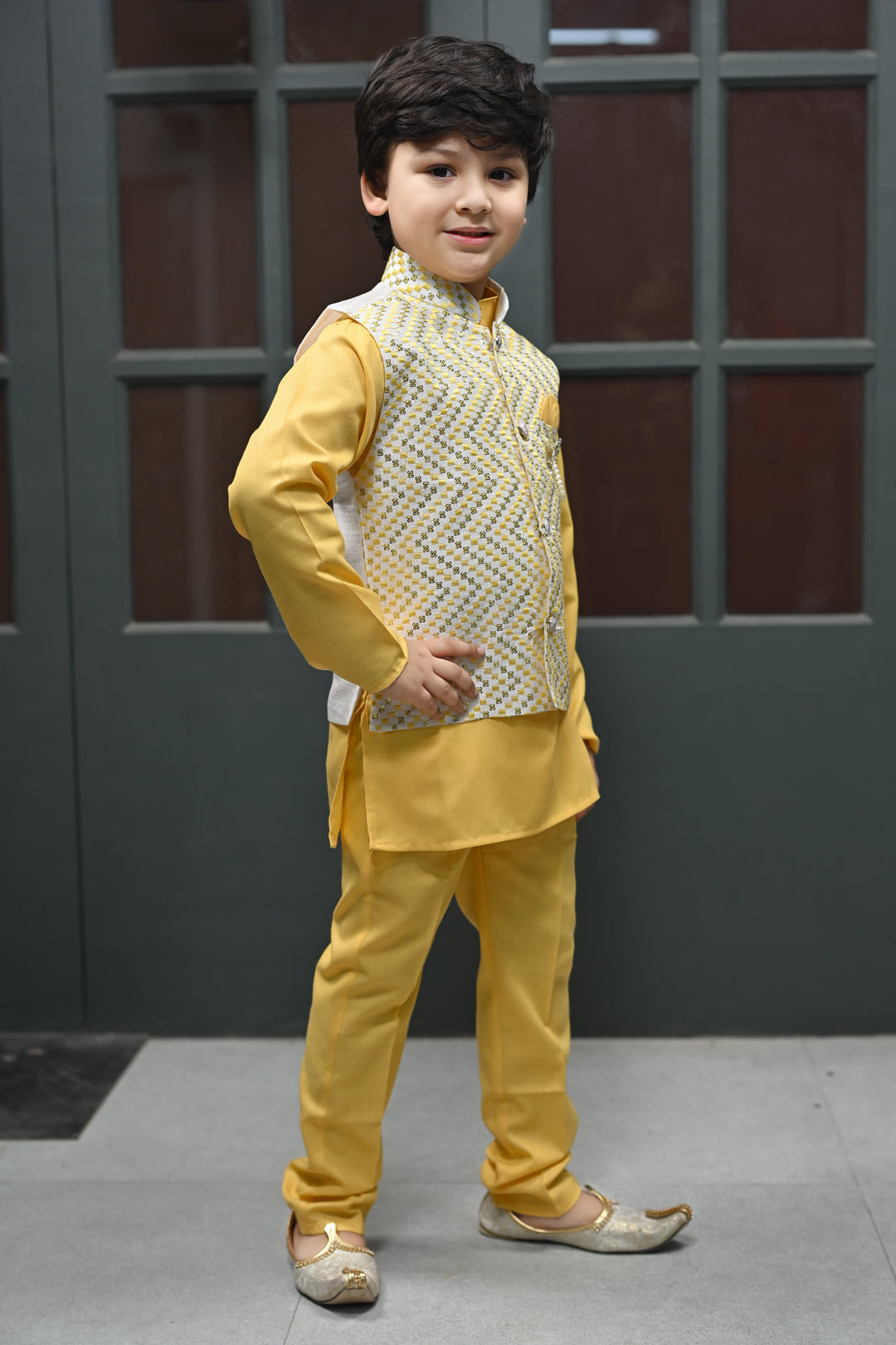 Boys Zigzag Embroidered Sequinned Waistcoat with Solid Kurta Pajama Set - Yellow | SHOBITAM