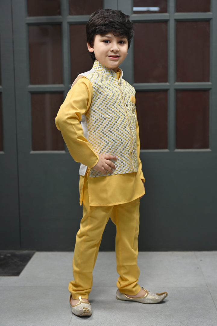 Boys Zigzag Embroidered Sequinned Waistcoat with Solid Kurta Pajama Set - Yellow | SHOBITAM
