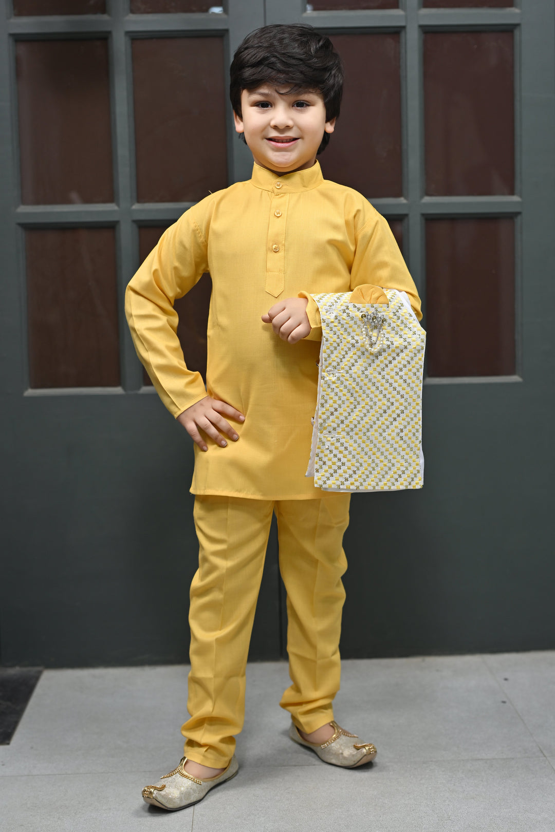 Boys Zigzag Embroidered Sequinned Waistcoat with Solid Kurta Pajama Set - Yellow | SHOBITAM
