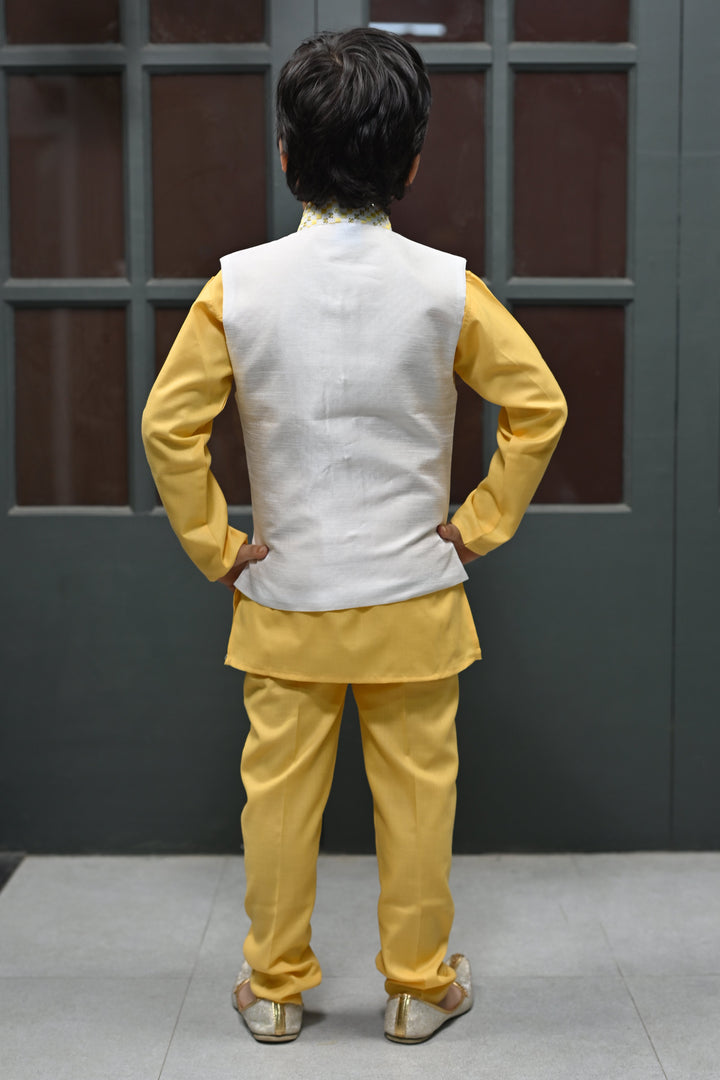 Boys Zigzag Embroidered Sequinned Waistcoat with Solid Kurta Pajama Set - Yellow | SHOBITAM