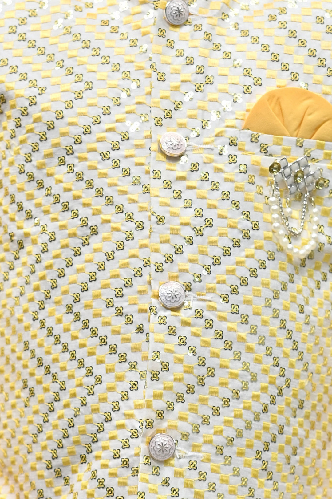 Boys Zigzag Embroidered Sequinned Waistcoat with Solid Kurta Pajama Set - Yellow | SHOBITAM