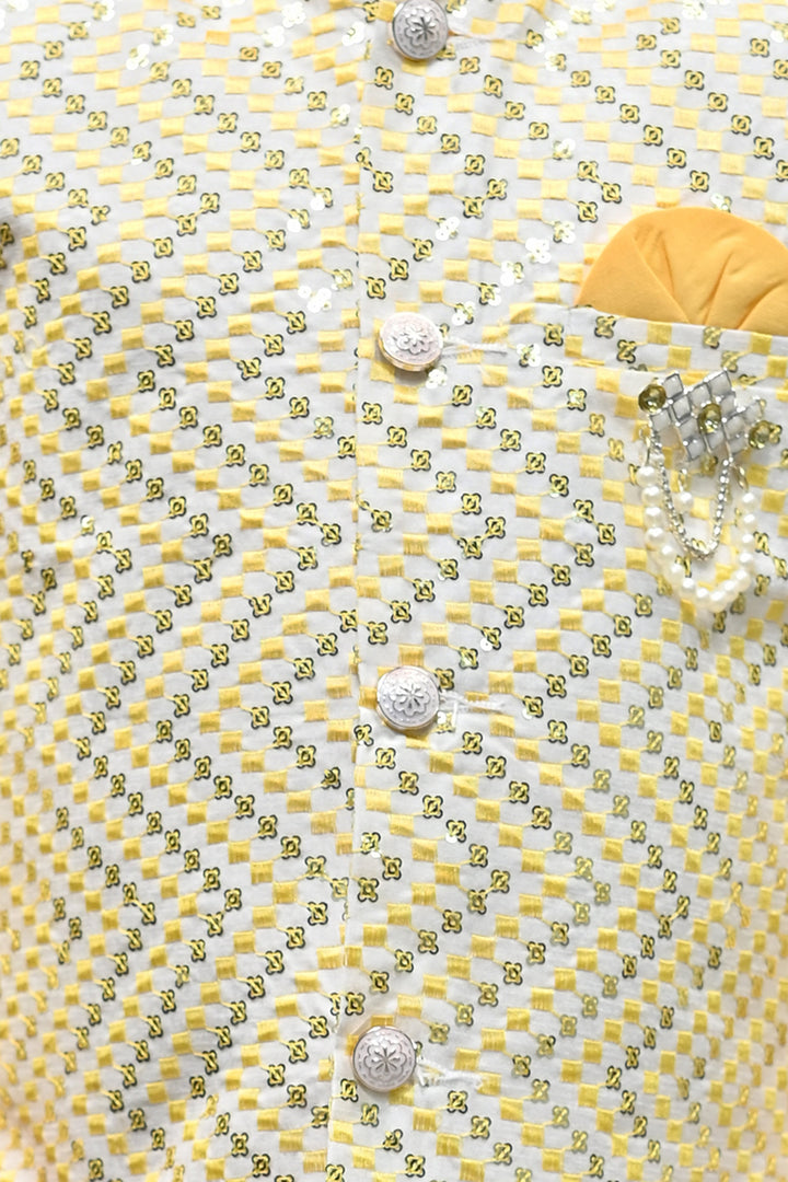 Boys Zigzag Embroidered Sequinned Waistcoat with Solid Kurta Pajama Set - Yellow | SHOBITAM