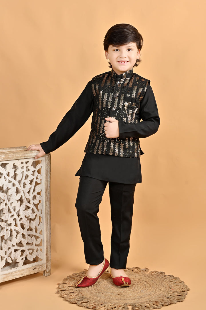 Boys Cotton Embroidered Sequined Kurta Pyjama Waistcoat Set - Black | SHOBITAM