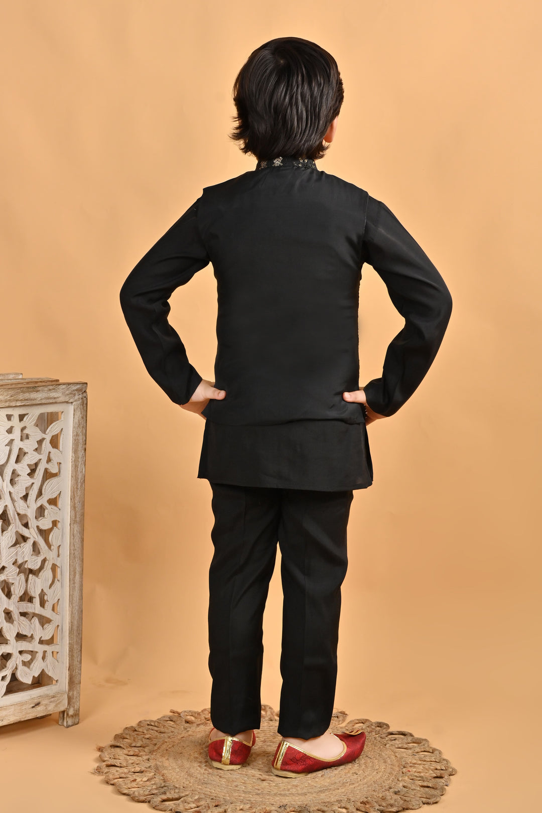 Boys Cotton Embroidered Sequined Kurta Pyjama Waistcoat Set - Black | SHOBITAM