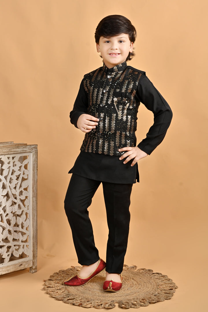 Boys Cotton Embroidered Sequined Kurta Pyjama Waistcoat Set - Black | SHOBITAM