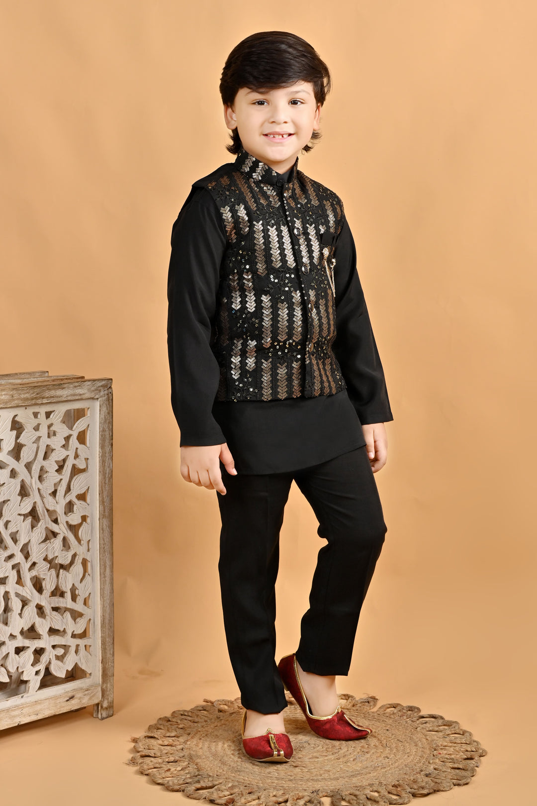 Boys Cotton Embroidered Sequined Kurta Pyjama Waistcoat Set - Black | SHOBITAM