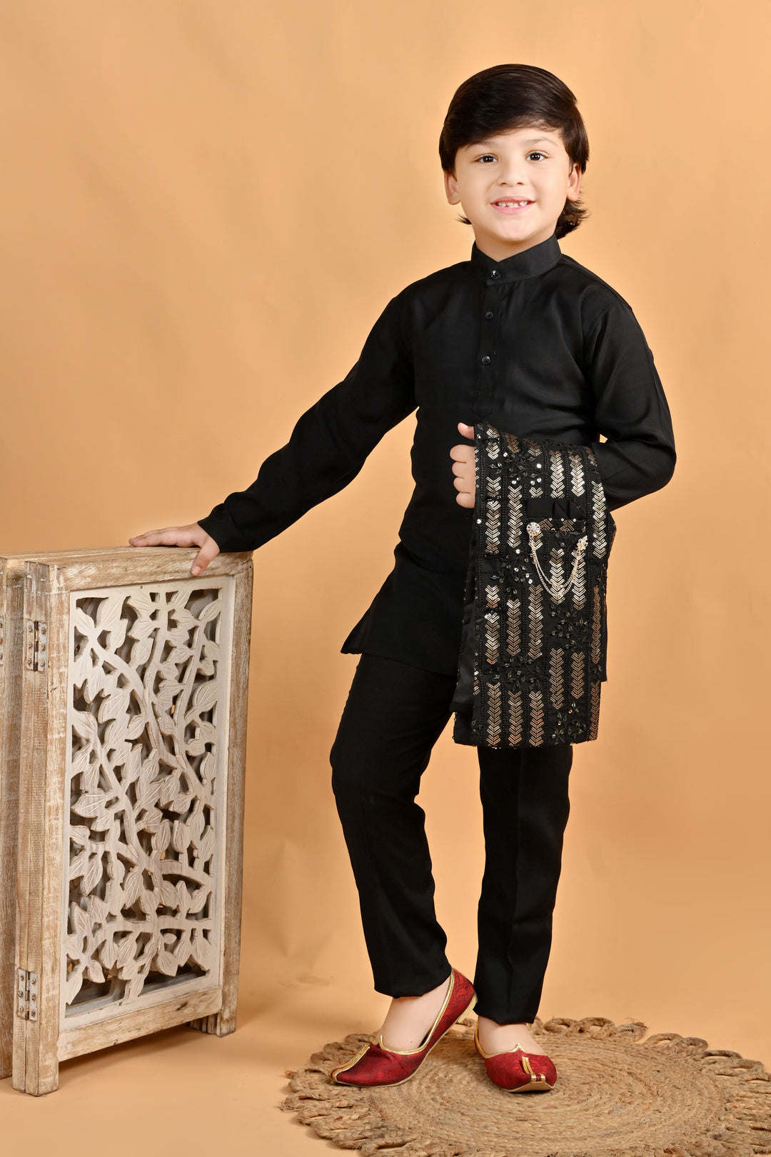 Boys Cotton Embroidered Sequined Kurta Pyjama Waistcoat Set - Black | SHOBITAM