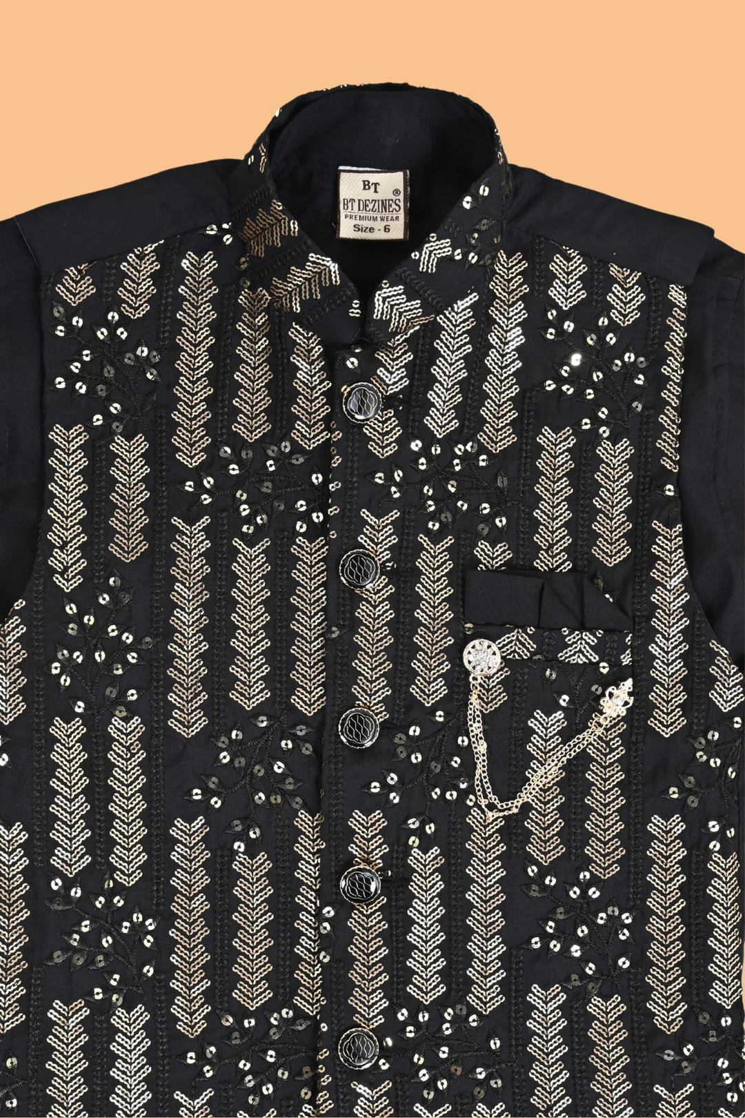 Boys Cotton Embroidered Sequined Kurta Pyjama Waistcoat Set - Black | SHOBITAM