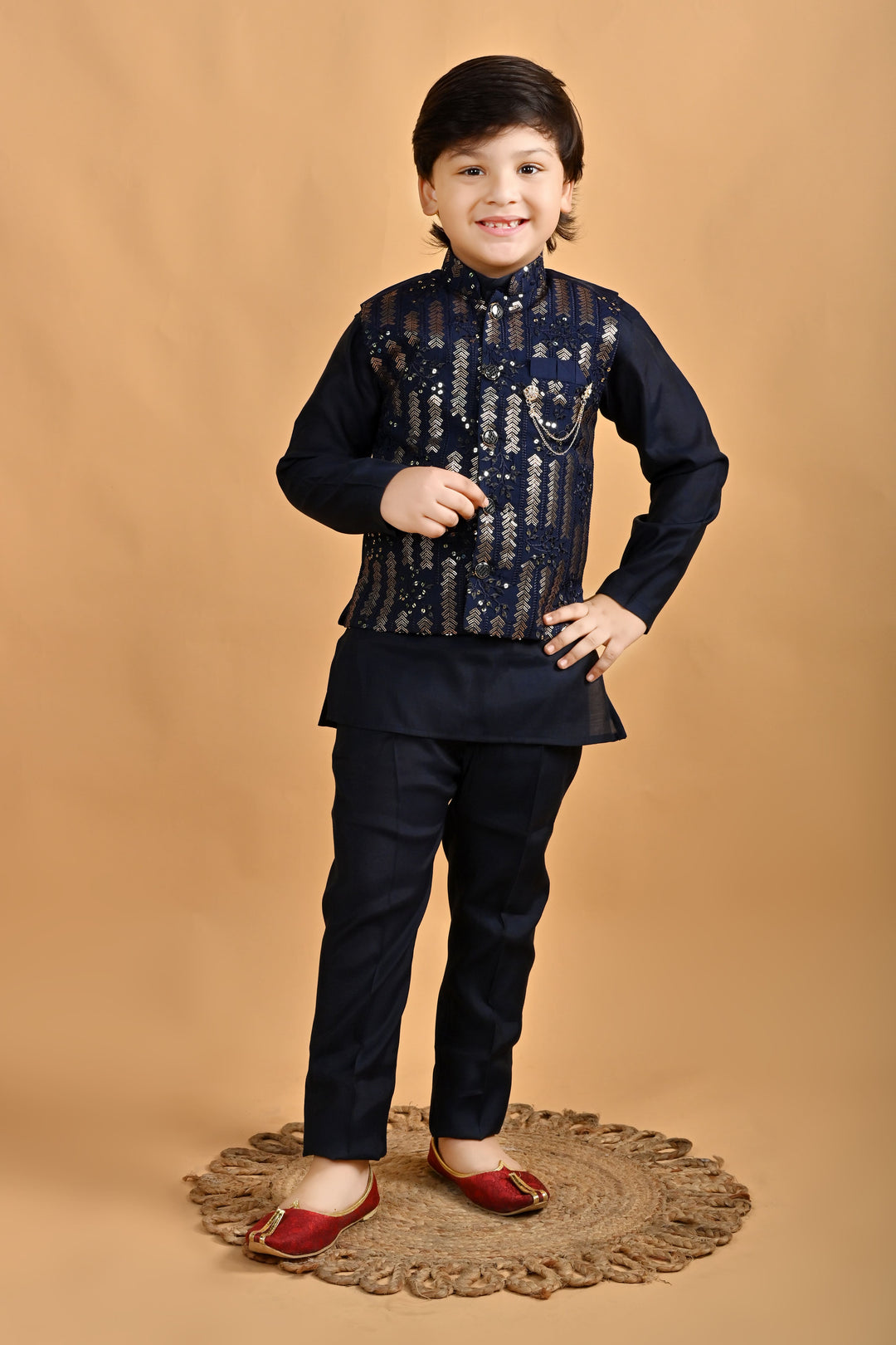 Boys Cotton Embroidered Sequined Kurta Pyjama Waistcoat Set - Navy Blue | SHOBITAM