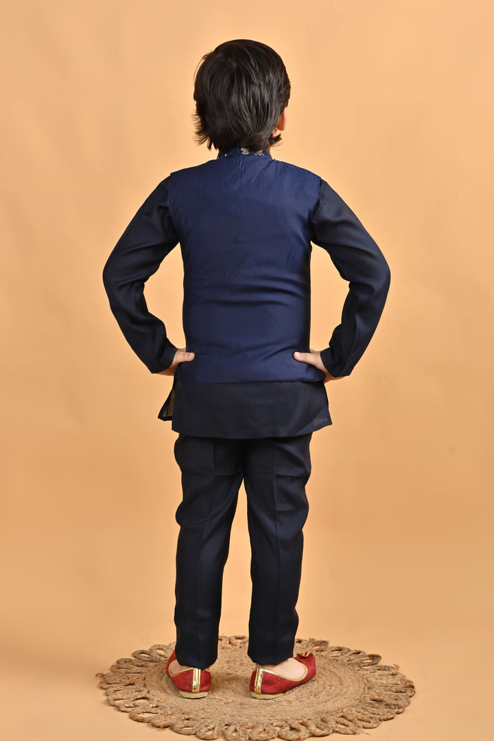 Boys Cotton Embroidered Sequined Kurta Pyjama Waistcoat Set - Navy Blue | SHOBITAM