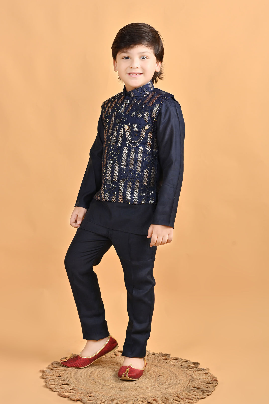 Boys Cotton Embroidered Sequined Kurta Pyjama Waistcoat Set - Navy Blue | SHOBITAM