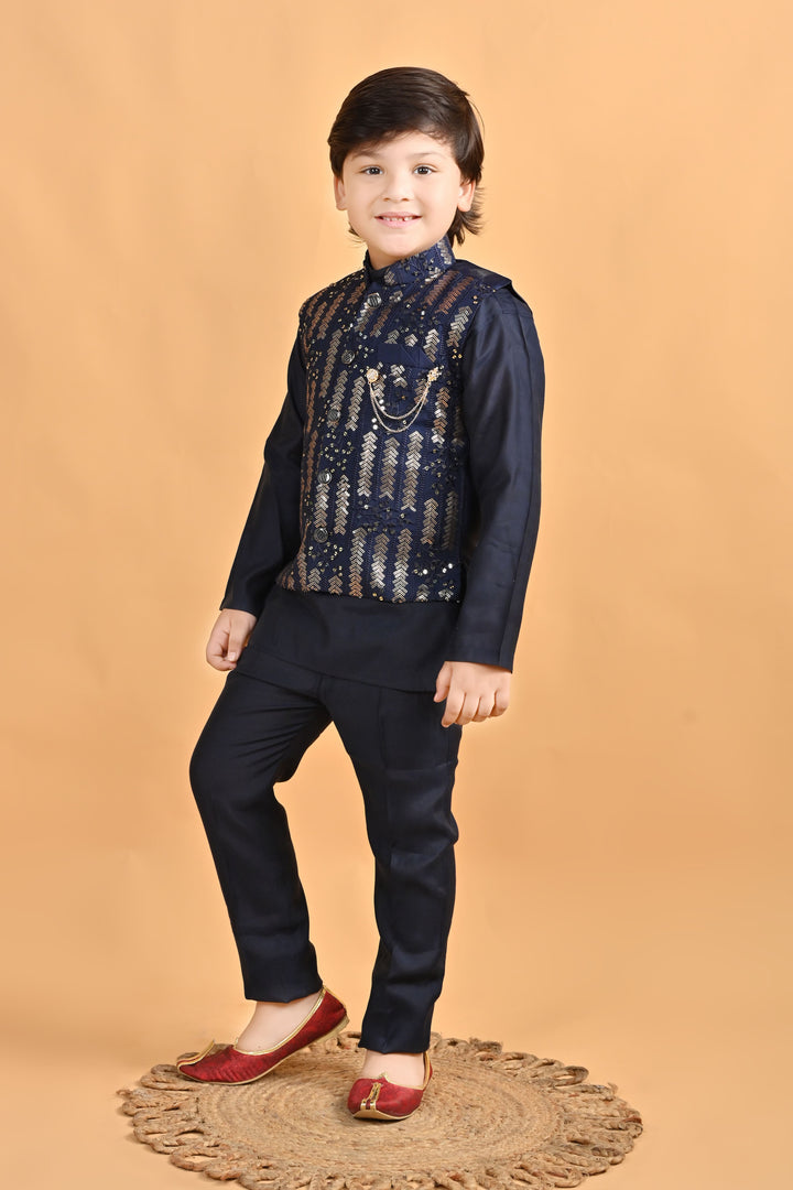 Boys Cotton Embroidered Sequined Kurta Pyjama Waistcoat Set - Navy Blue | SHOBITAM